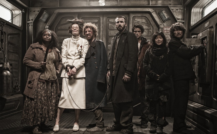 The cast of Snowpiercer on the film set. 