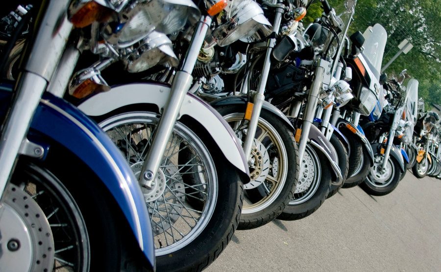 A photo of a lineup of motorcycles.
