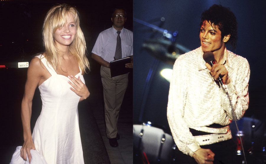Pamela Anderson besucht eine Party in einem ärmellosen weißen Kleid / Michael Jackson tritt auf 