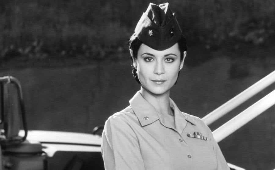 Catherine Bell poses on the set of JAG.