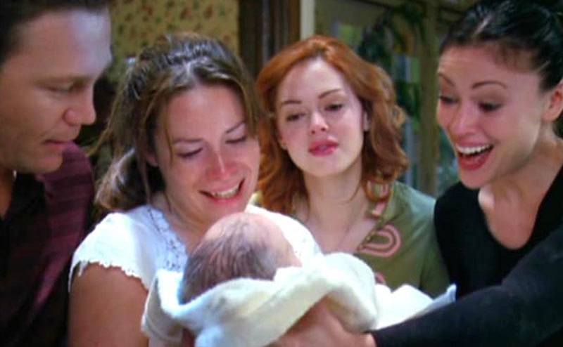 A still of the Halliwell sister after Piper gives birth.