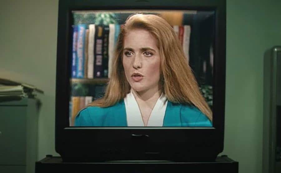 A screengrab of Eileen talking in a televised interview.