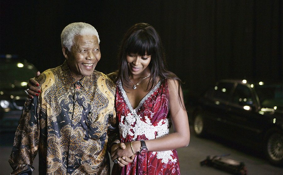 Nelson Mandela and Naomi Campbell at the Press Conference for the World Aids Day Concert. 