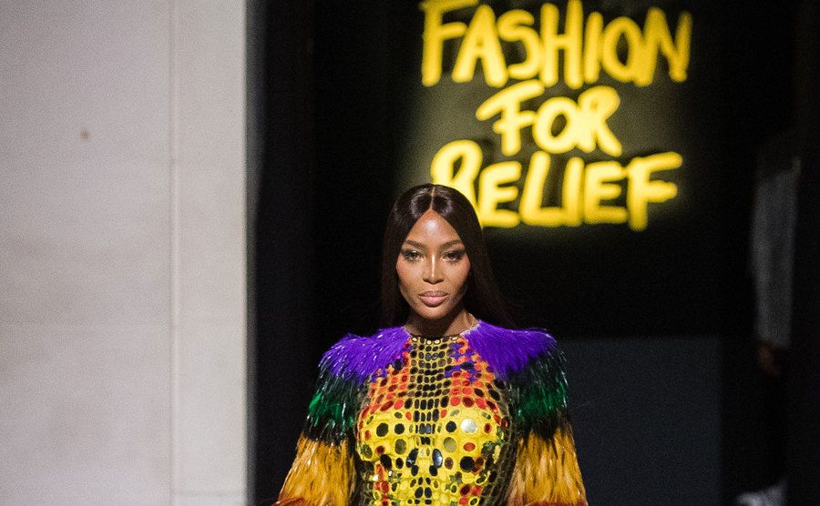 Naomi Campbell walks the runway at the Fashion for Relief show. 