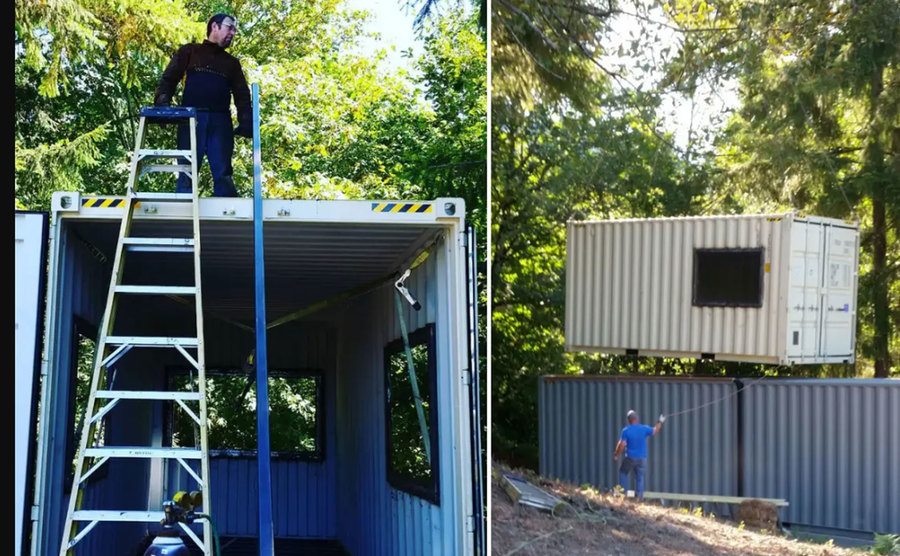 An image of Dave building the container house.