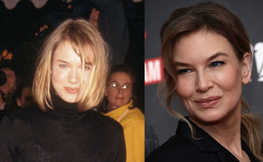 A photo of Zellweger then / A picture of Zellweger today.