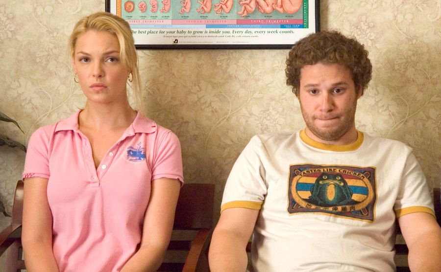 A promotional still of Heigl and Seth Rogen in Knocked Up.