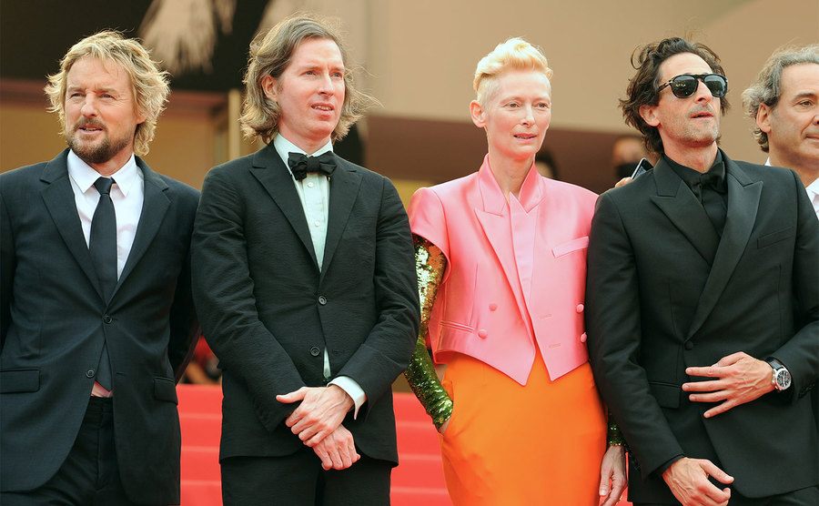 Owen Wilson, Wes Anderson, Tilda Swinton and Adrien Brody during the Cannes Film Festival