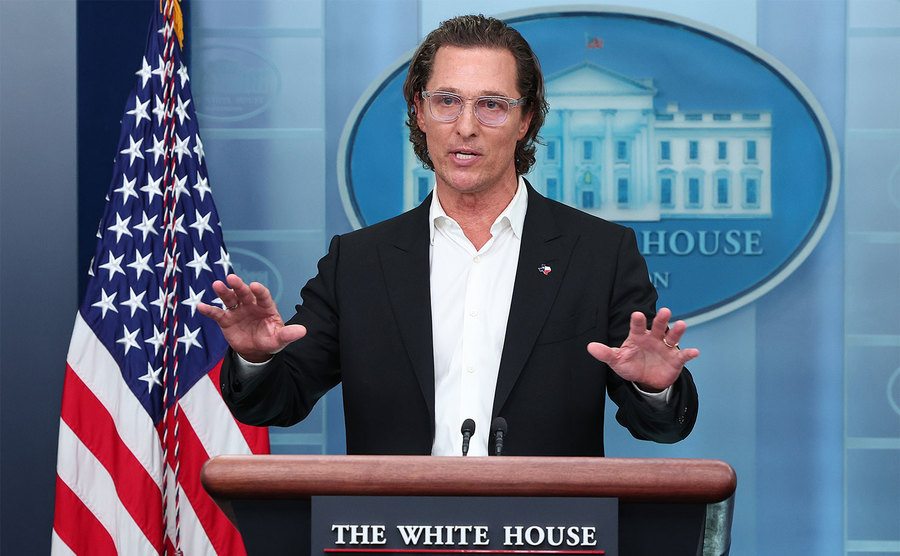 Matthew McConaughey talks to reporters in the Press Briefing Room at the White House. 
