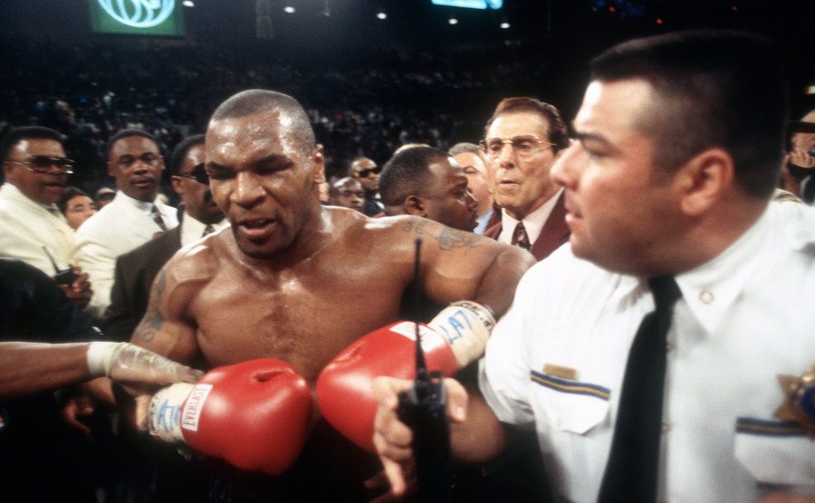 Tyson reacts after being disqualified.