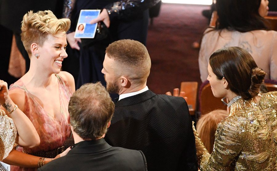 Johansson greets Timberlake during an event.