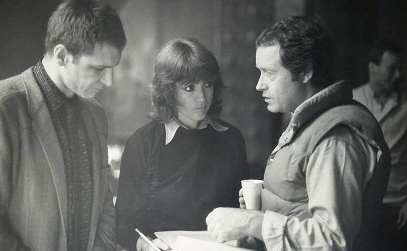 Harrison Ford, Katherine Haber, and Ridley Scott on the set of Blade Runner. 