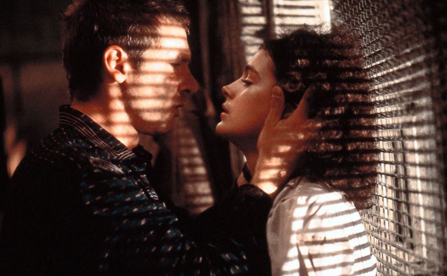 Harrison Ford pushes Sean Young up agains the blinds in a scene from Blade Runner. 