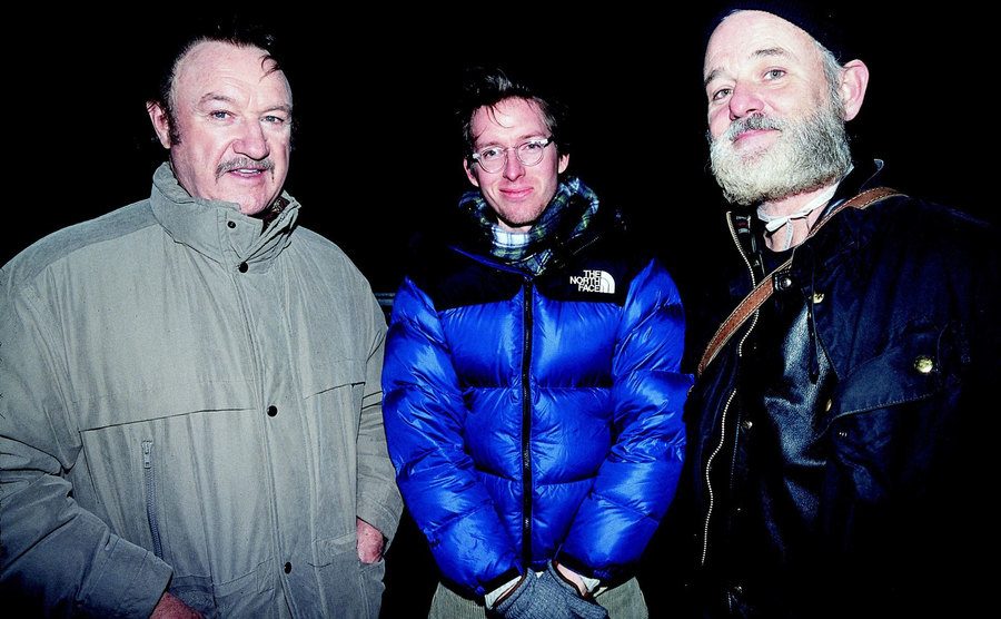 A photo of Hackman, Anderson, and Murray behind the scenes.