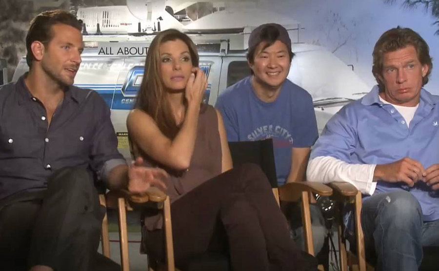 A still of the cast from All About Steve during an interview.