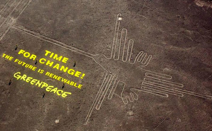 View of the damage made by Greenpeace at the Nazca Lines. 