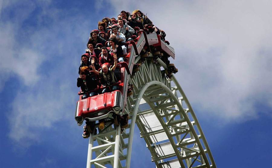 People ride the new Stealth rollercoaster. 