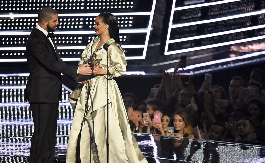 Drake presents Rihanna with an award during the MTV Video Music Awards. 